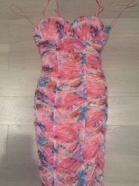 NWT pink watercolor mini ruched dress
